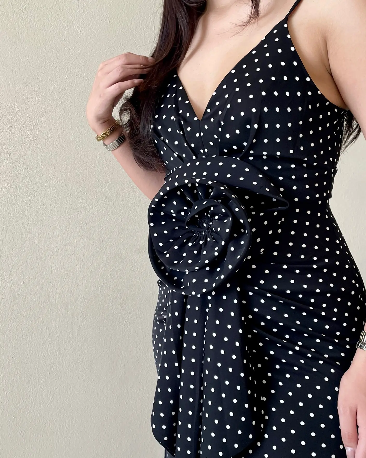 Vestido Flor Largo Polka Dots Negro