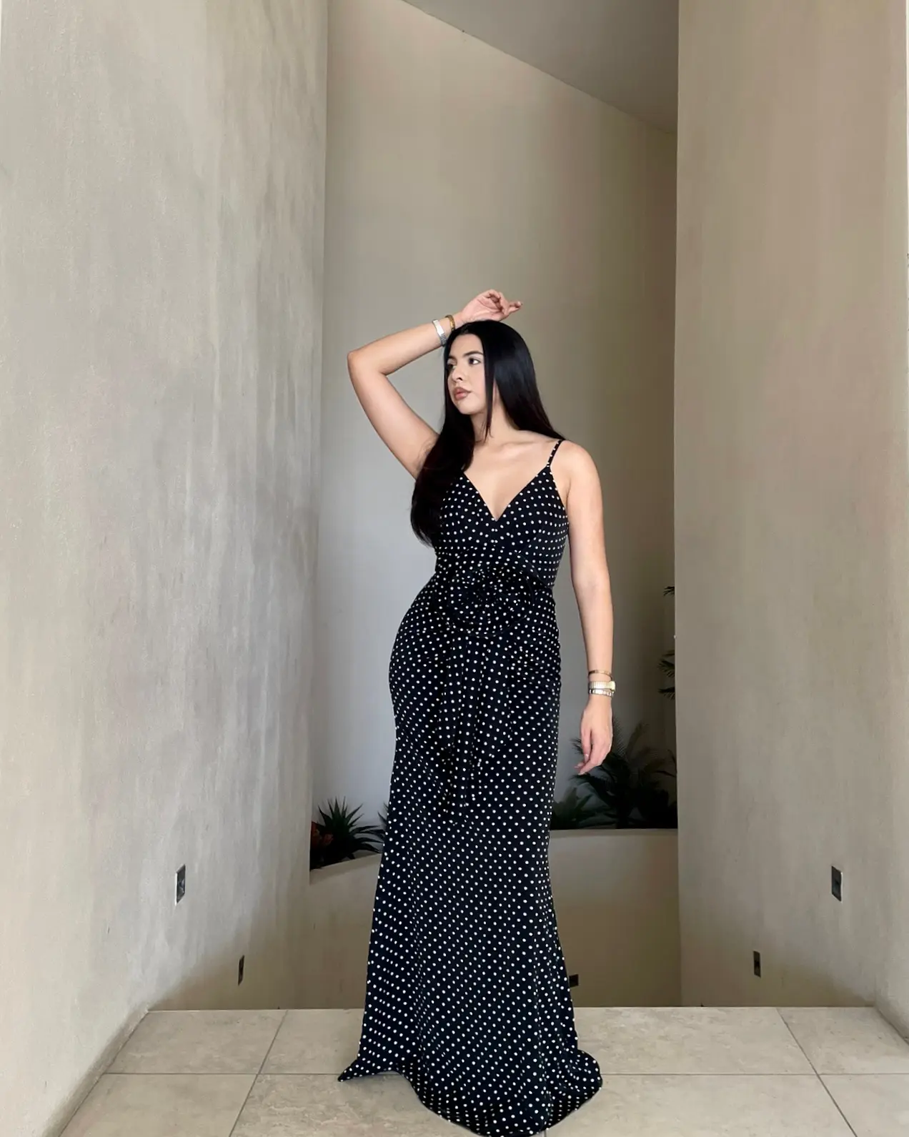 Vestido Flor Largo Polka Dots Negro