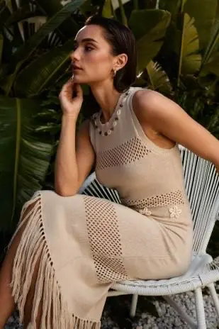 Vestido Tejido Playero Midi Beige