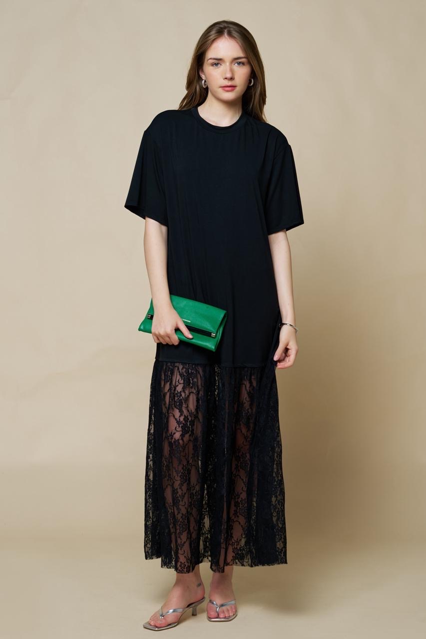 Vestido Maxi Lencero con Encaje Negro