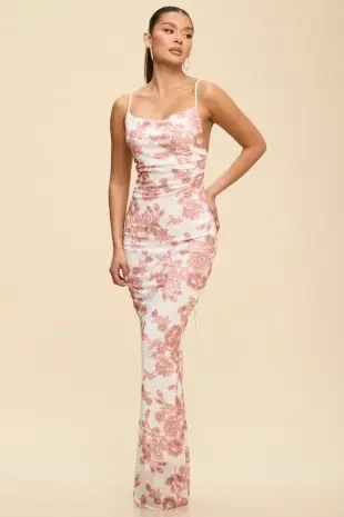 Vestido Largo Blanco con Estampado Rosa