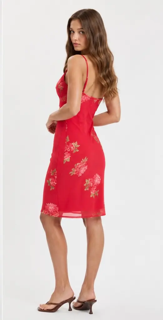Vestido Midi Floral Rojo con Encaje