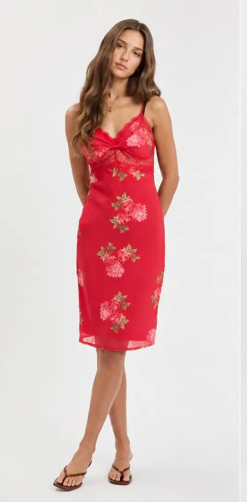 Vestido Midi Floral Rojo con Encaje