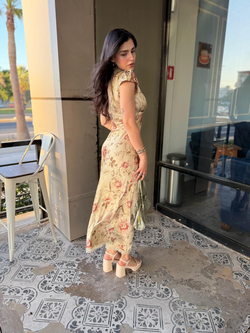 Vestido Largo Satin Con Estampado y Encaje