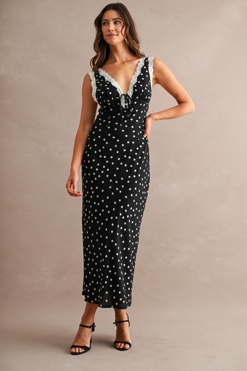 Vestido Maxi Chiffon Polka Dots con Encaje