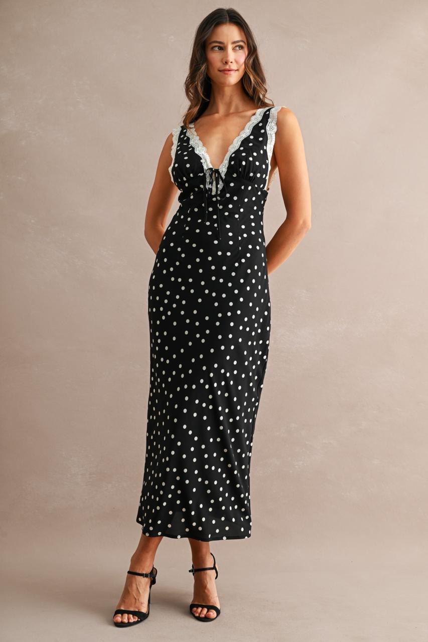 Vestido Maxi Chiffon Polka Dots con Encaje