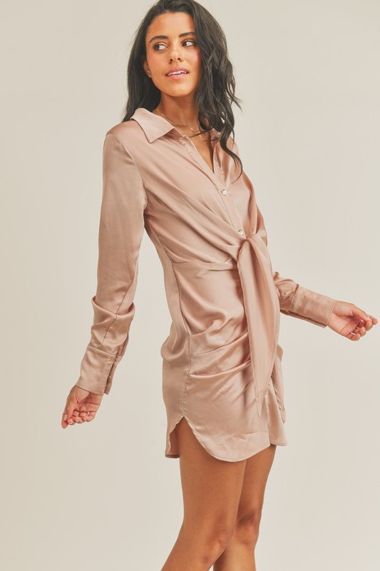 Vestido Satin Rose Gold Manga Larga