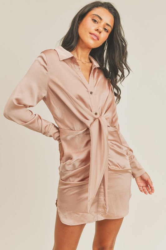 Vestido Satin Rose Gold Manga Larga