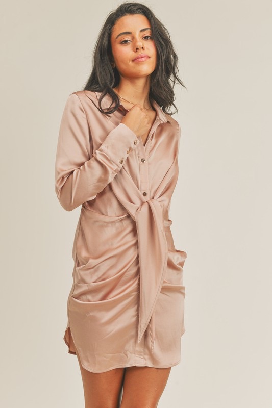 Vestido Satin Rose Gold Manga Larga