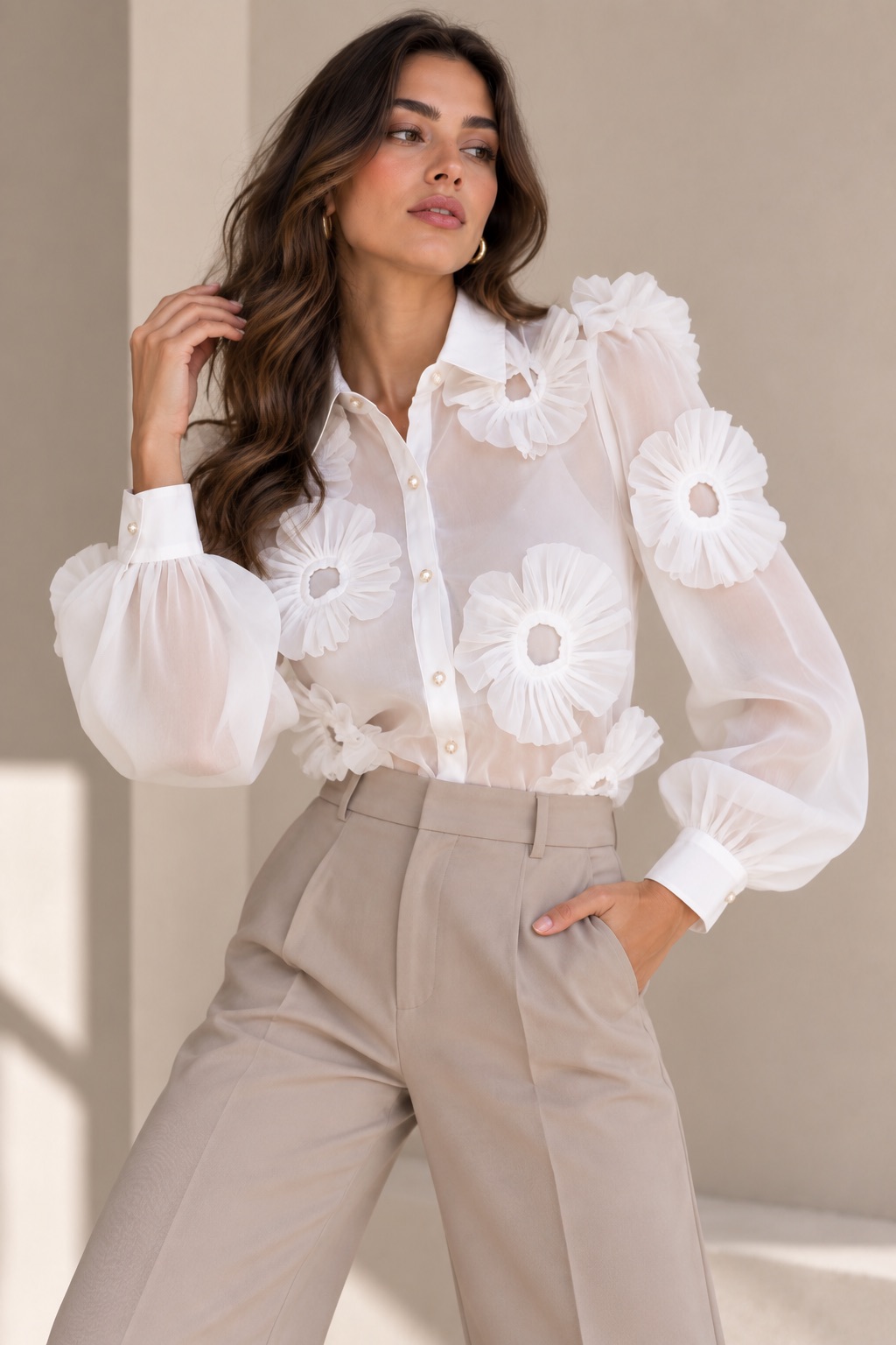 Blusa Blanca Flowy Con Mangas