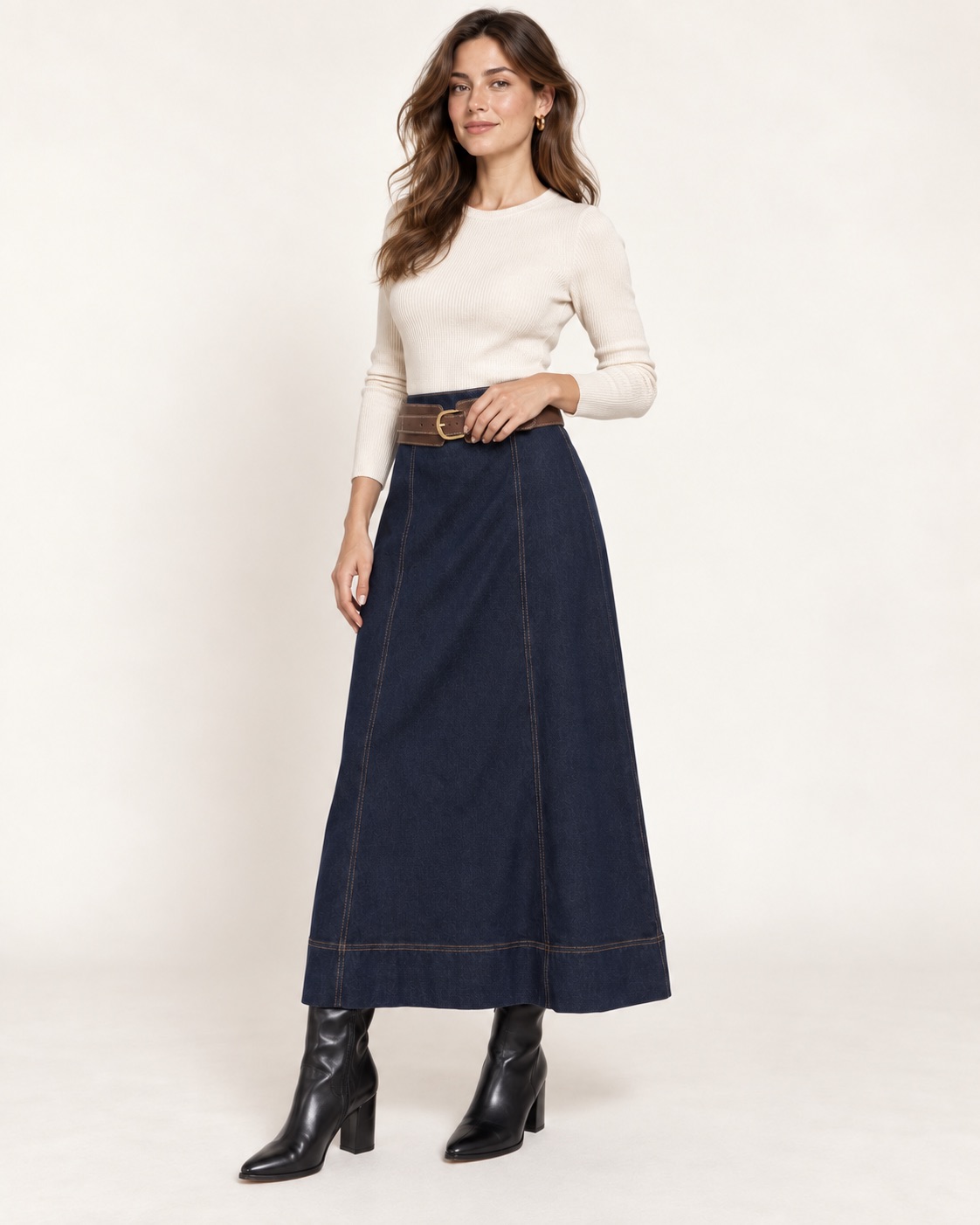 Falda Midi Denim Con Cinturón