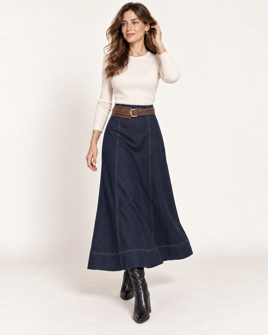 Falda Midi Denim Con Cinturón