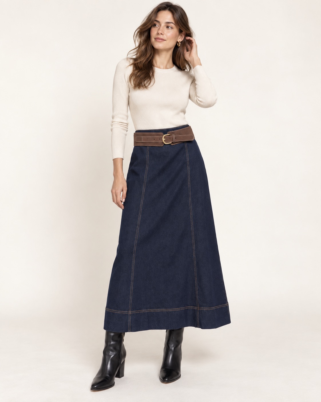 Falda Midi Denim Con Cinturón